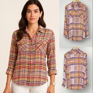 CAbi | Cirque Plaid Top Roll Tab Sleeve Button Up Pockets Soft